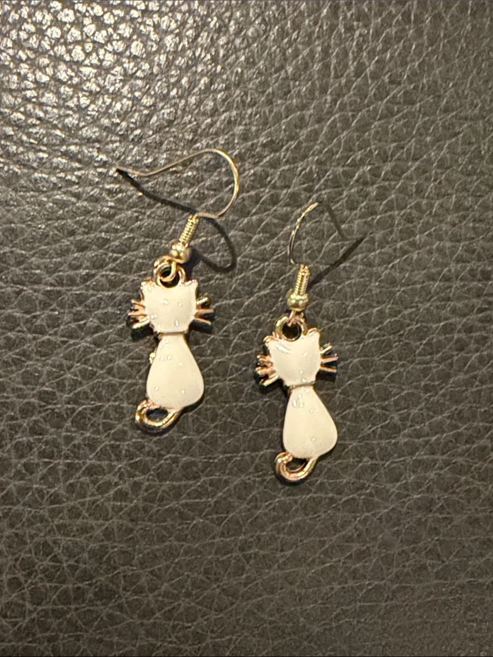 White Enamel Cat Drop Earrings - Gold Tone Accent